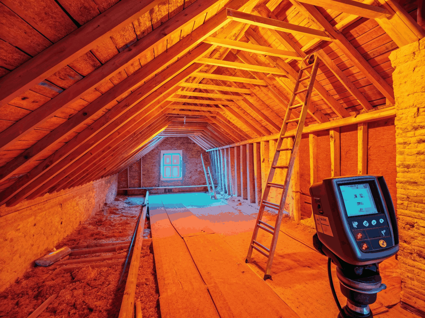 Thermal imaging showing heat escaping from a residential attic