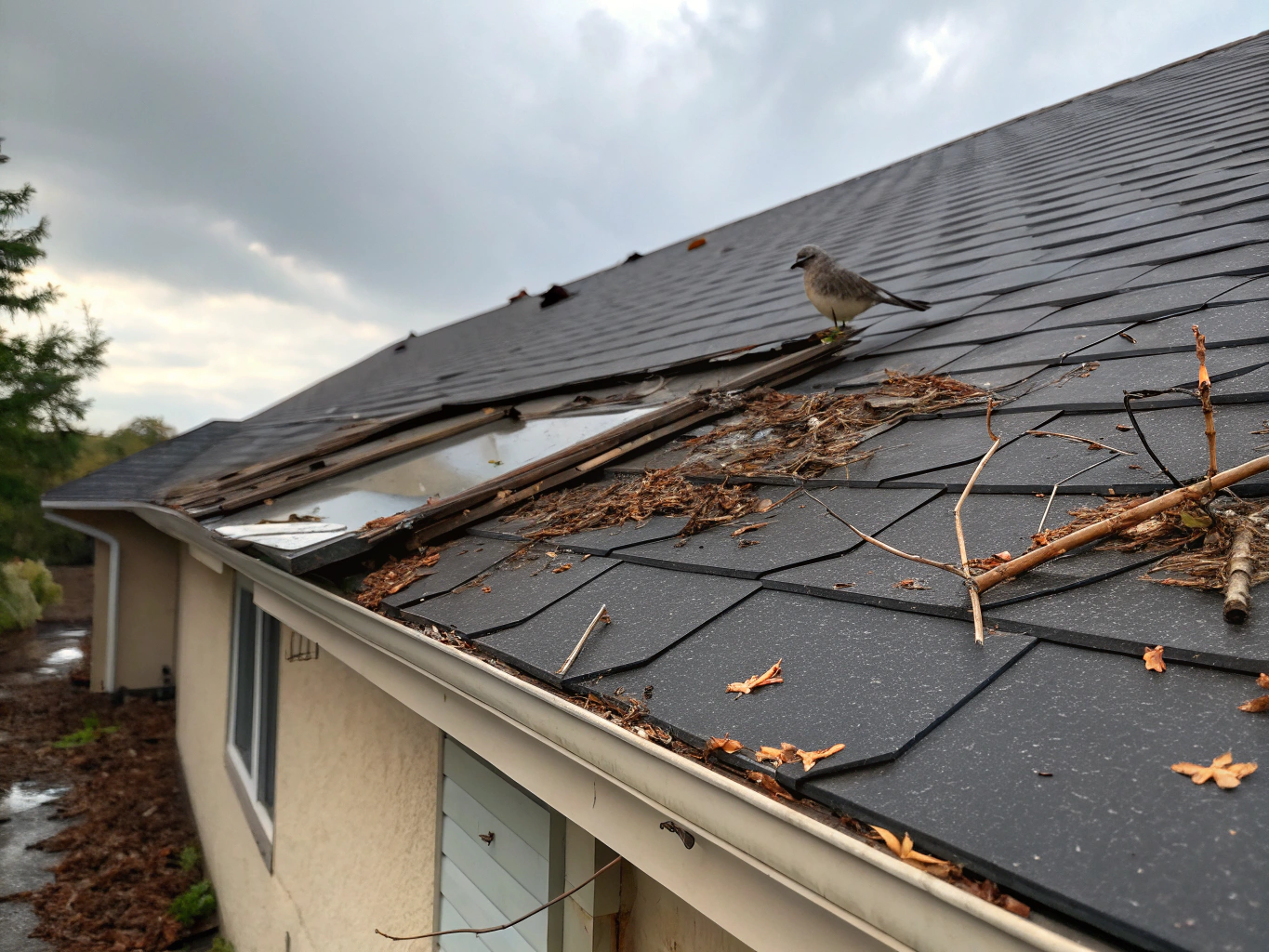 Desaturated storm damaged roof