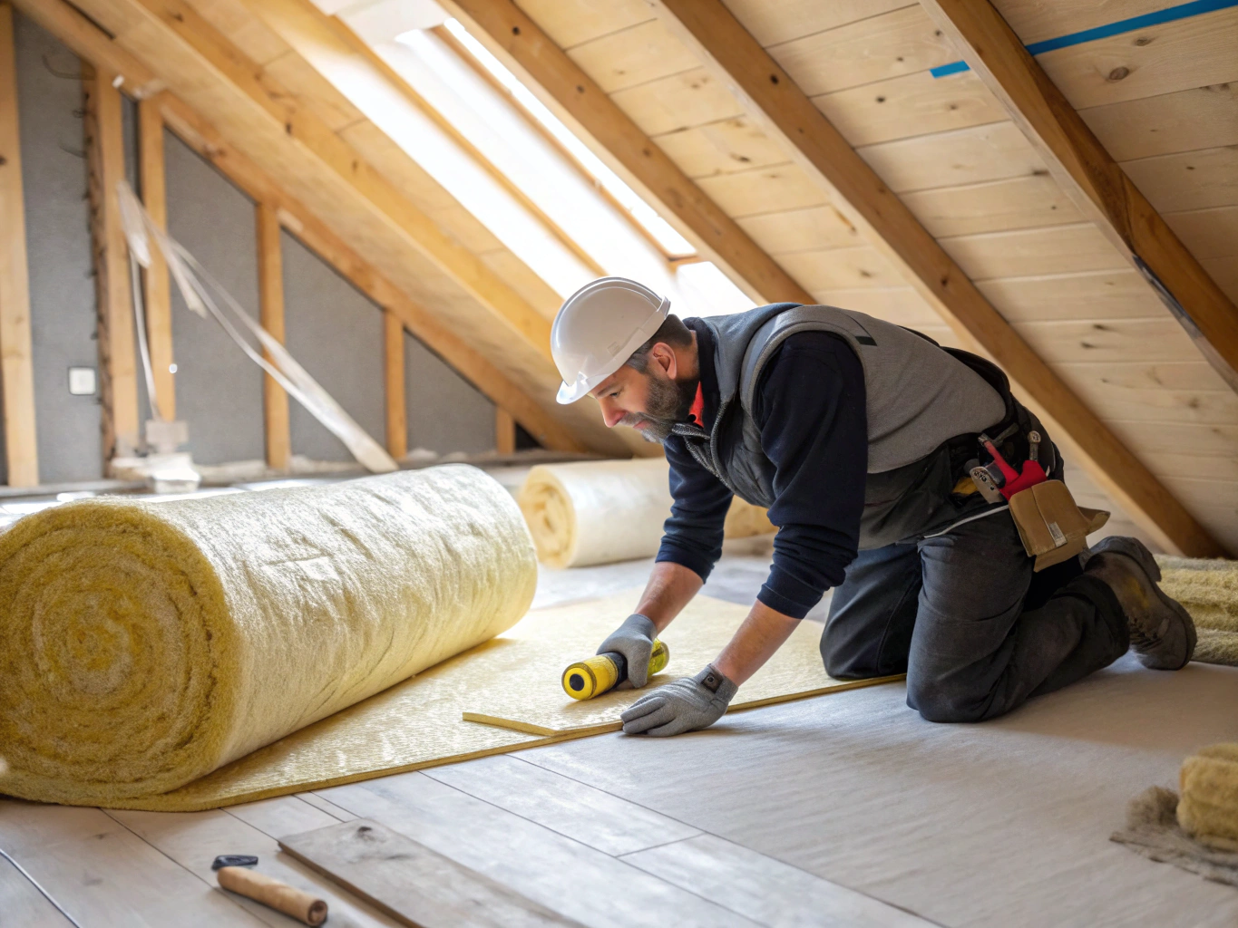 Professional technician installing high-efficiency insulation in a residential attic space