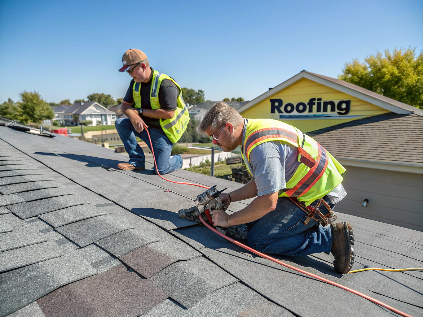 Technician installing premium asphalt shingles on a steep roof