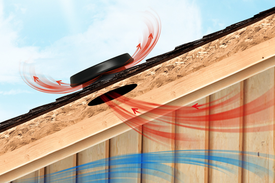 Solar-powered attic fan mounted on a shingle roof actively venting attic air